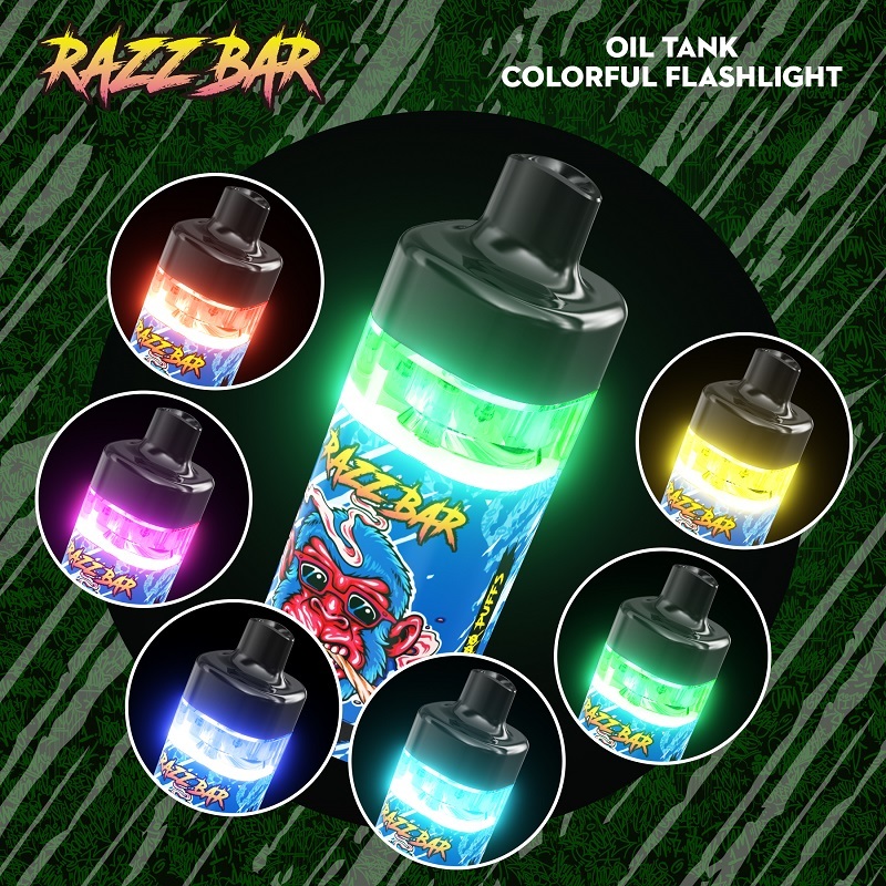 Razz Bar vape oil tank filled with vibrant colors, showcasing various flavors for 12K puffs.