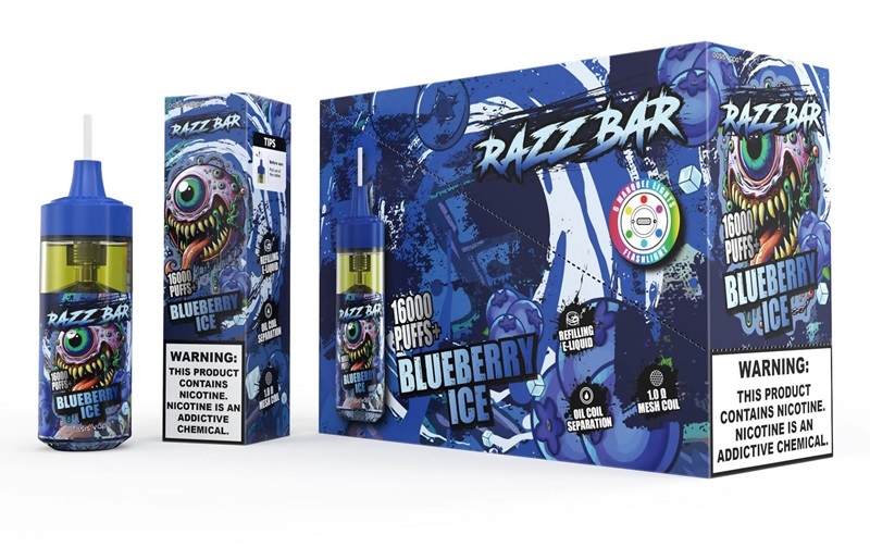 Razz Bar vape pack displaying Blueberry Ice flavor, designed for 16K puffs, with a vibrant blue packaging.