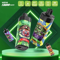Razz Bar 10K puffs vape displayed with four flavors and features, emphasizing on the two flavors prominently.