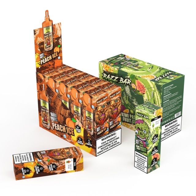 Razz Bar vape box displaying Peach Ice and Kiwi Passionfruit Guava flavors, highlighting multiple vape choices within.