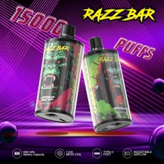 RazzBar 15000 Puffs Vape showcasing 2 flavors of the vape on a purple background.