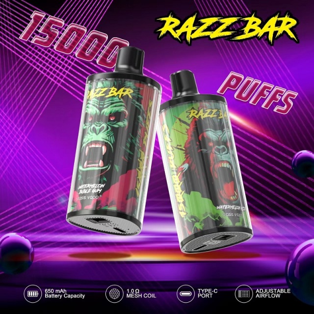RazzBar 15000 Puffs Vape showcasing 2 flavors of the vape on a purple background.