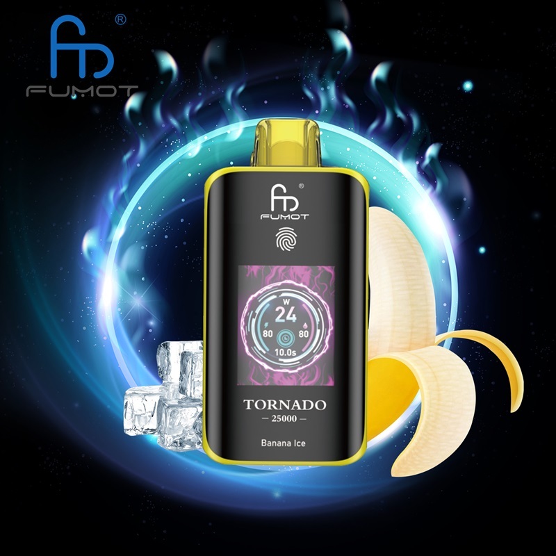 Fumot Tornado 25,000 puffs vape with Banana Ice flavor, on a bright, colorful backdrop.