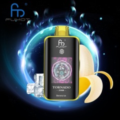 Fumot Tornado 25,000 puffs vape with Banana Ice flavor, on a bright, colorful backdrop.