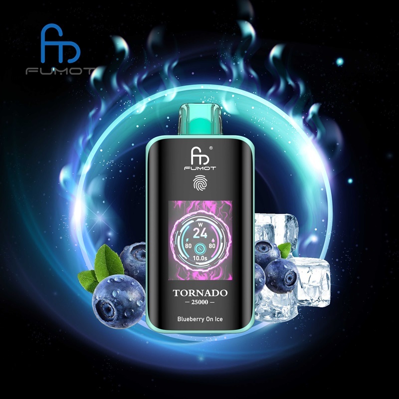 Fumot Tornado 25,000 puffs vape with Blueberry on Ice flavor, surrounded by fresh blueberries and ice on a vibrant backdrop.