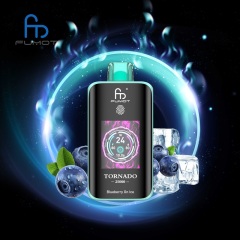 Fumot Tornado 25,000 puffs vape with Blueberry on Ice flavor, surrounded by fresh blueberries and ice on a vibrant backdrop.
