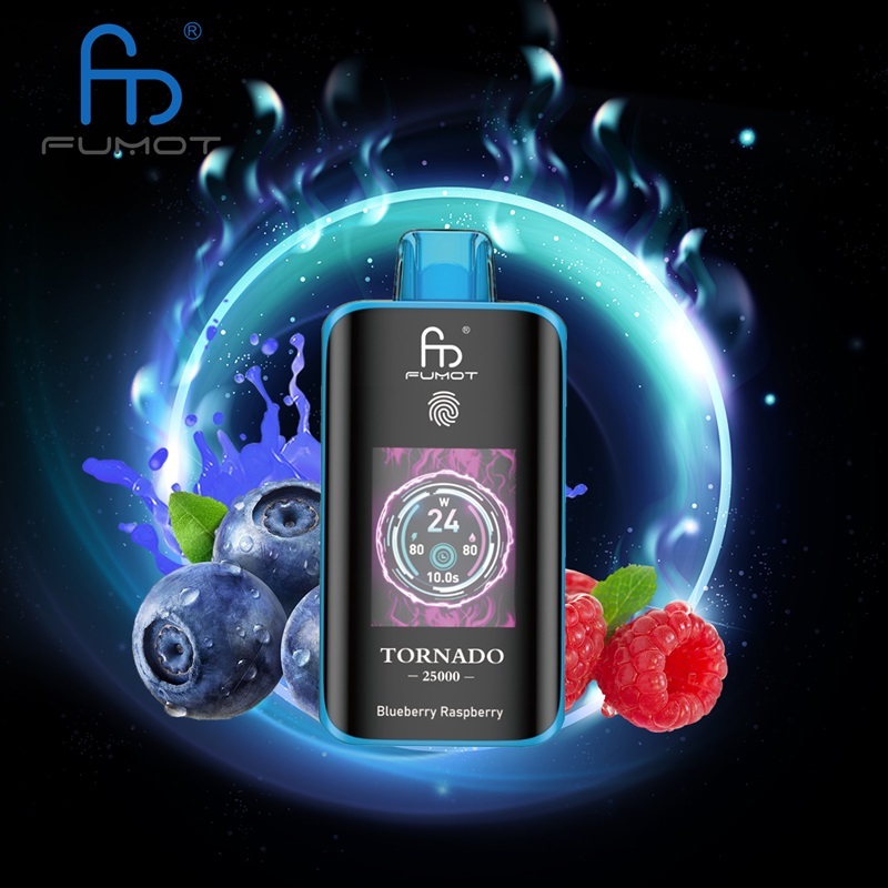 Fumot Tornado vape bottle with Blueberry Raspberry flavor, surrounded by berries on a bright, colorful backdrop.