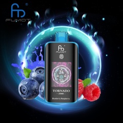Fumot Tornado vape bottle with Blueberry Raspberry flavor, surrounded by berries on a bright, colorful backdrop.