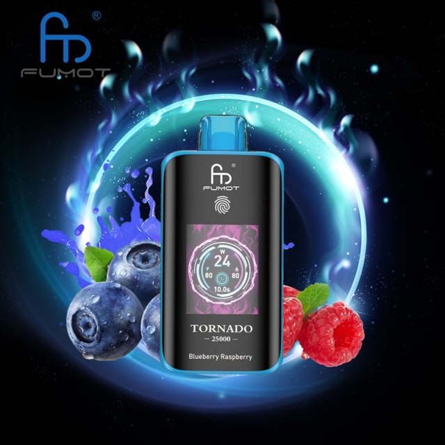 Fumot Tornado vape bottle with Blueberry Raspberry flavor, surrounded by berries on a bright, colorful backdrop.