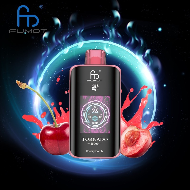 A colorful vape device with Cherry Bomb flavor and a cherry on top, showcasing the Fumot Tornado's 25,000 puffs capacity.
