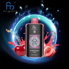 A colorful vape device with Cherry Bomb flavor and a cherry on top, showcasing the Fumot Tornado's 25,000 puffs capacity.