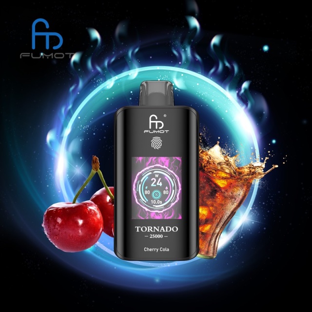 Fumot Tornado 25K puffs vape surrounded by cherries, featuring Cherry Cola flavor on a vibrant, colorful background.