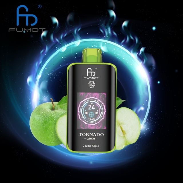 Fumot Tornado25K puffs vape with Double Apple flavor, accompanied by a green apple against a colorful backdrop.