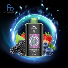 Fumot Tornado 25,000 puffs vape surrounded by colorful berries and fruits, featuring Dr Blue flavor on a vibrant background.