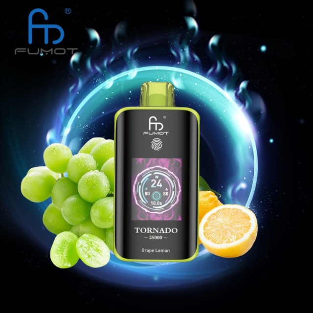 Fumot Tornado vape 25,000 puffs vape featuring Grape Lemon flavor, displayed on a bright, colorful backdrop.