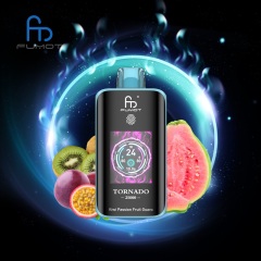 Fumot Tornado Vape featuring Juicy Kiwi Passion fruit Guava, displayed on a bright, colorful backdrop.