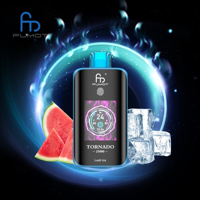 Fumot Tornado 25,000 Puffs vape featuring Lush Ice flavor, displayed on a bright, colorful backdrop.