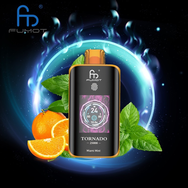 Fumot Tornado 25,000 Puffs vape featuring Miami Mint flavor, displayed on a bright, colorful backdrop.