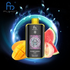 Fumot Tornado 25,000 Puffs vape featuring Peach Mango Watermelon flavor, displayed on a bright, colorful backdrop.