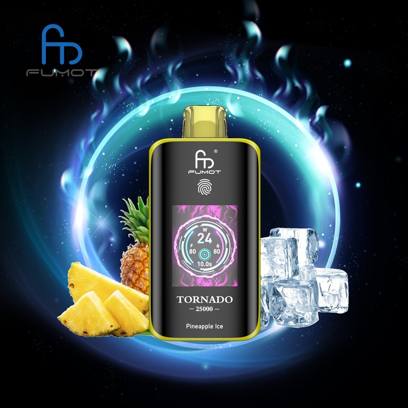 Fumot Tornado 25,000 Puffs vape featuring Pineapple Ice flavor, displayed on a bright, colorful backdrop.