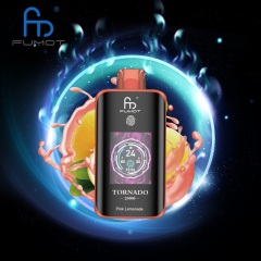 Fumot Tornado 25,000 Puffs vape featuring Pink Lemonade flavor, displayed on a bright, colorful backdrop.
