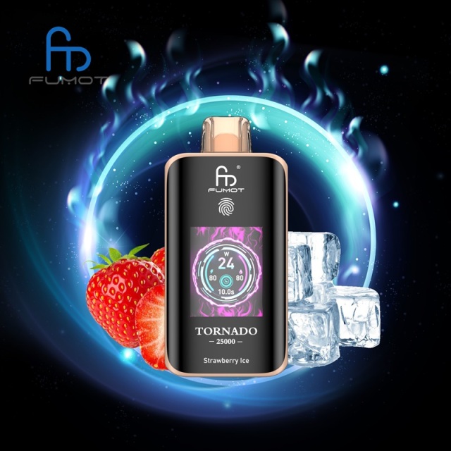 Fumot Tornado 25,000 Puffs vape featuring Strawberry Ice flavor, displayed on a bright, colorful backdrop.