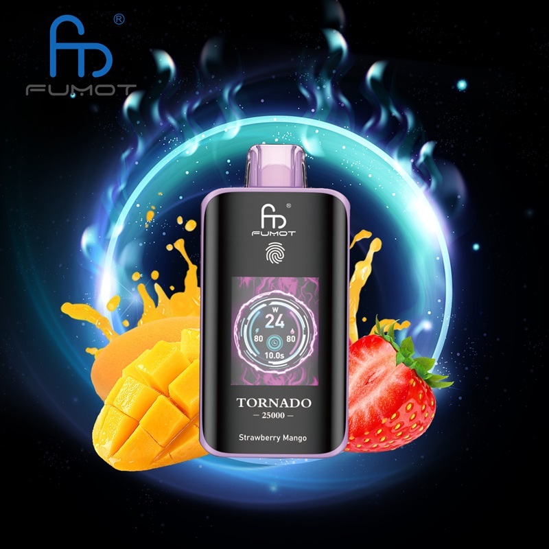 Fumot Tornado 25,000 Puffs vape featuring Strawberry Mango flavor, displayed on a bright, colorful backdrop.