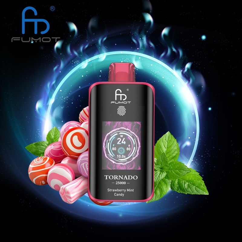 Fumot Tornado 25,000 Puffs vape featuring Strawberry Mint Candy flavor, displayed on a bright, colorful backdrop.