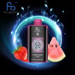Fumot Tornado 25,000 Puffs vape featuring Strawberry Watermelon flavor, displayed on a bright, colorful backdrop.