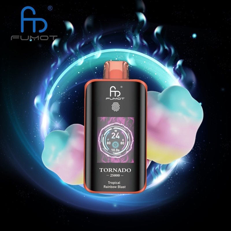 Fumot Tornado 25,000 Puffs vape featuring Tropical Rainbow Blast flavor, displayed on a bright, colorful backdrop.