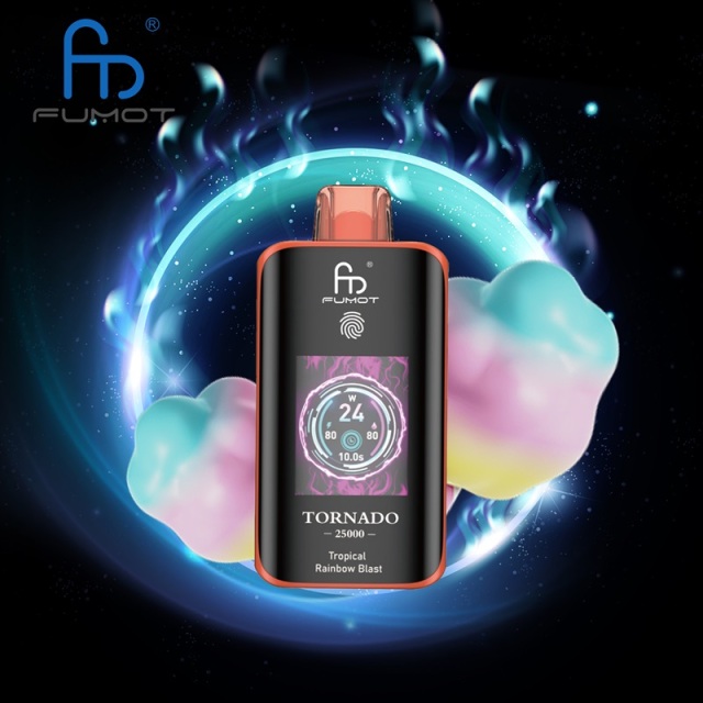 Fumot Tornado 25,000 Puffs vape featuring Tropical Rainbow Blast flavor, displayed on a bright, colorful backdrop.