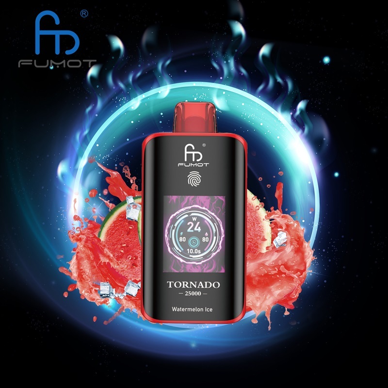 Fumot Tornado 25,000 Puffs vape featuring Watermelon Ice flavor, displayed on a bright, colorful backdrop.