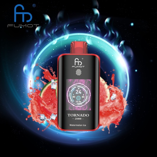 Fumot Tornado 25,000 Puffs vape featuring Watermelon Ice flavor, displayed on a bright, colorful backdrop.