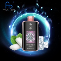 Fumot Tornado 25,000 Puffs vape featuring White Gummy Ice flavor, displayed on a bright, colorful backdrop.