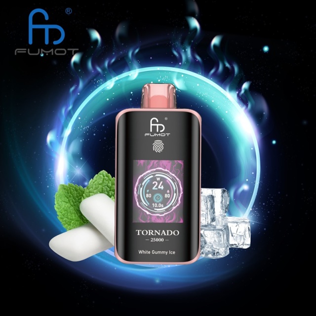 Fumot Tornado 25,000 Puffs vape featuring White Gummy Ice flavor, displayed on a bright, colorful backdrop.