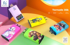 Brightly colored surface beneath with the Fumot Tornado 35,000 puffs vape, featuring five different flavors and specifications.
