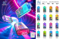 Colorful Fumot Leopard vape pens arranged on a blue and pink backdrop, featuring a list of flavors and key specifications.