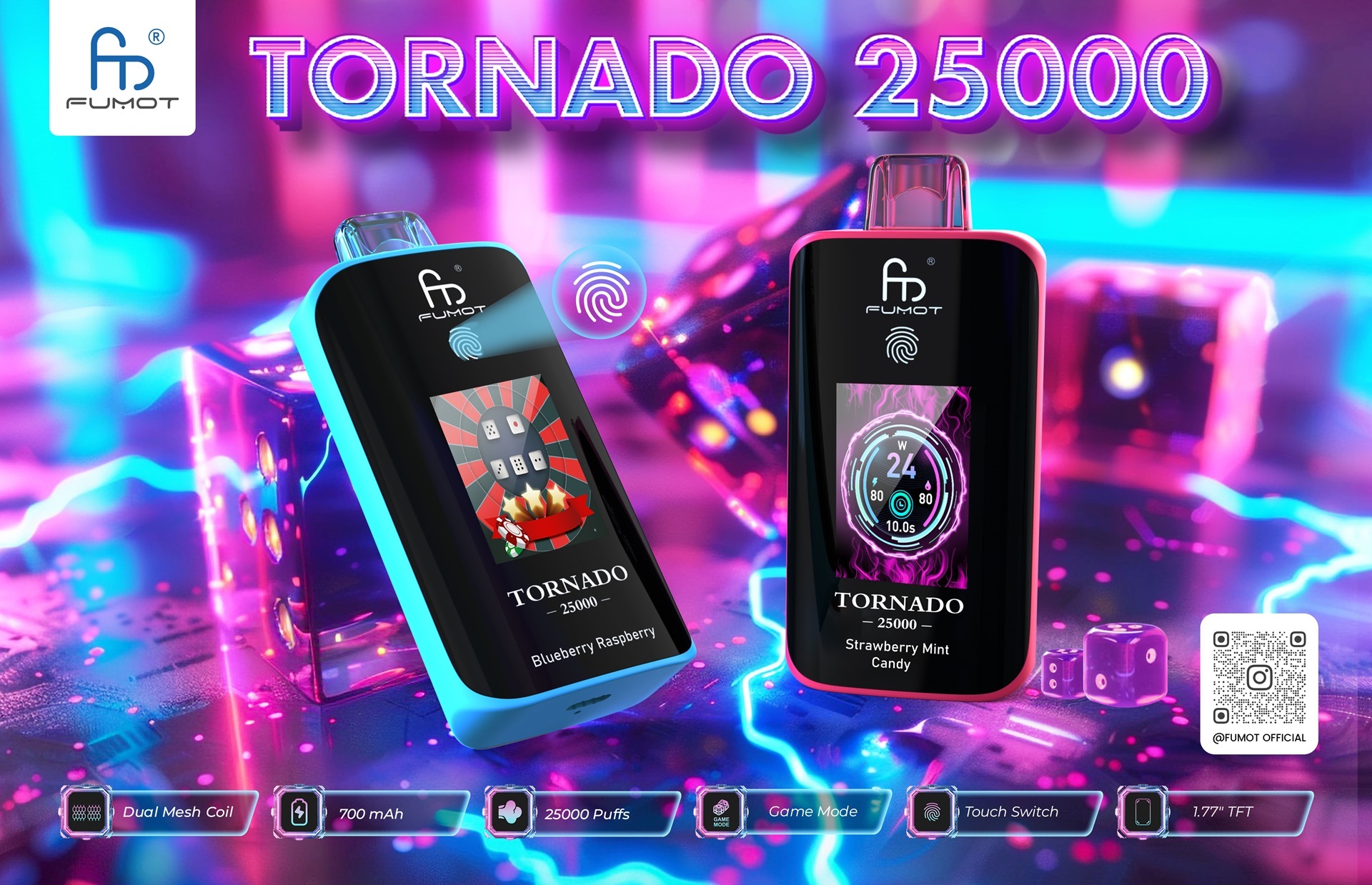 Fumot Tornado 25000 vape, showcasing two vapes with a colorful pink and blue backdrop and its features.