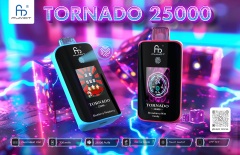Fumot Tornado 25000 vape, showcasing two vapes with a colorful pink and blue backdrop and its features.