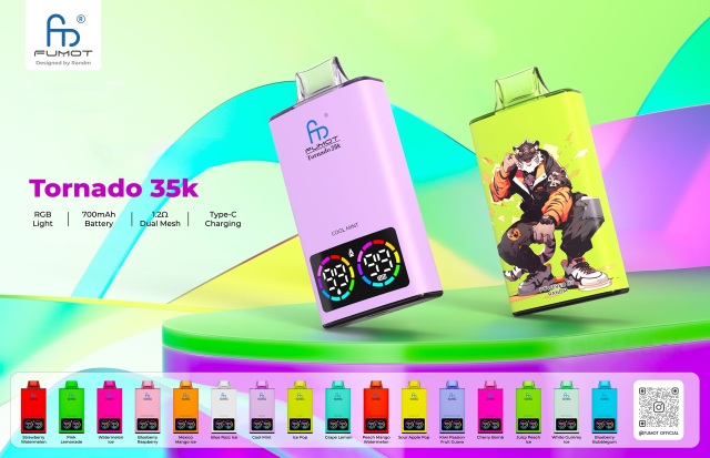 Fumot Tornado 35,000 portable vape with a vibrant design, offering 35,000 puffs, focusing on two vapes for an enhanced vaping experience and also showing all the flavors offered.