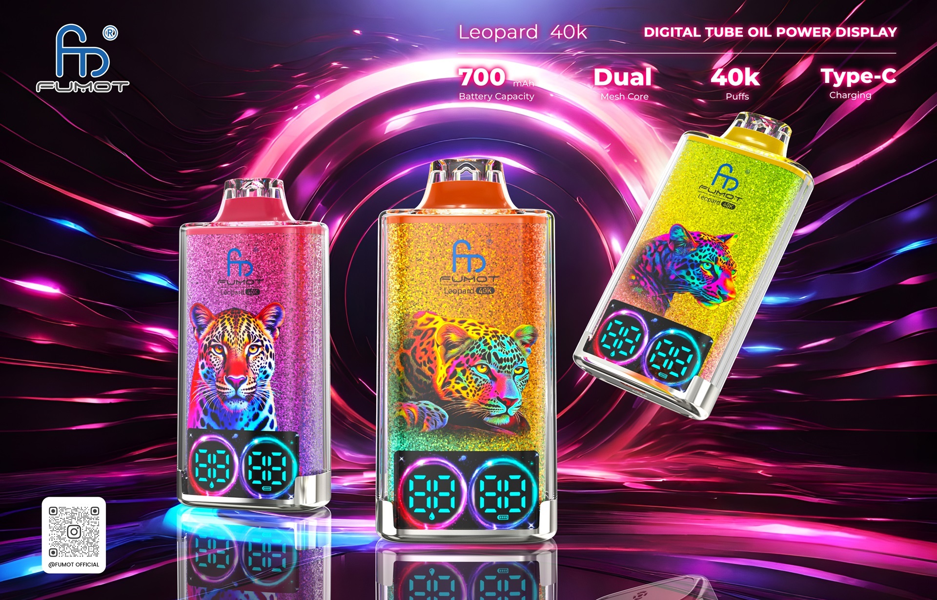 Tiger-inspired Fumot Leopard vape, featuring three models on a blue and pink backdrop, emphasizing its 40,000 puffs capability.