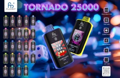 The Fumot Tornado 25,000 vape displays two devices against a blue background, highlighting features and available flavors.