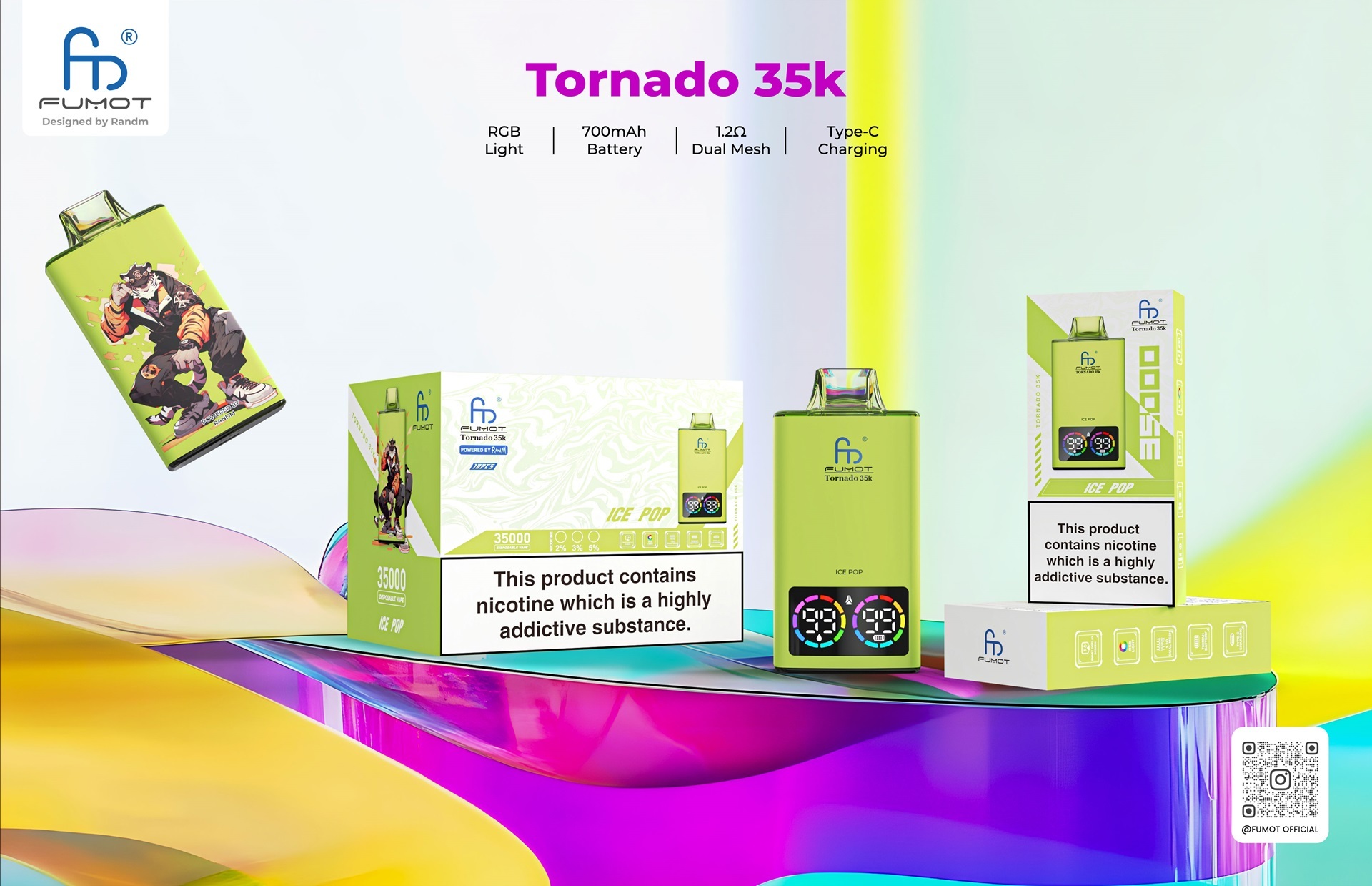 Fumot Tornado 35,000 vape, displayed with packaging, highlighting its 35,000 puffs and the features.