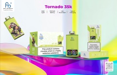 Fumot Tornado 35,000 vape, displayed with packaging, highlighting its 35,000 puffs and the features.