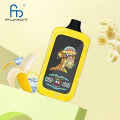 A yellow electronic cigarette, Banana Ice flavor, displayed with bananas and a peel, highlighting its fruity essence.