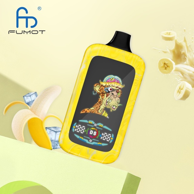 A yellow electronic cigarette, Banana Ice flavor, displayed with bananas and a peel, highlighting its fruity essence.