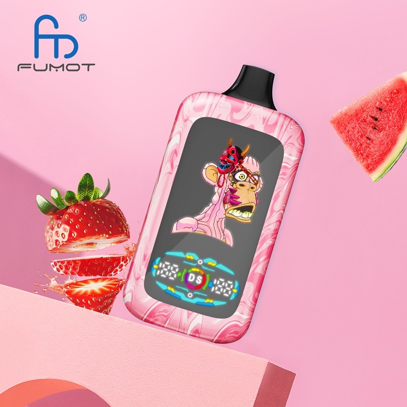 A pink vape device featuring strawberry and watermelon flavor, with fresh strawberries and watermelon displayed behind it.