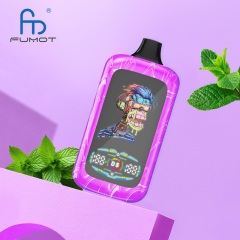 A purple vape device with a woman's picture, Fumot Digital Monkey, offering Miami mint flavor, surrounded by mint leaves.