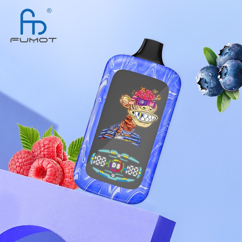 A blue vape device with a cartoon monkey design, set against a backdrop of blueberries and raspberries, showcasing its flavor.