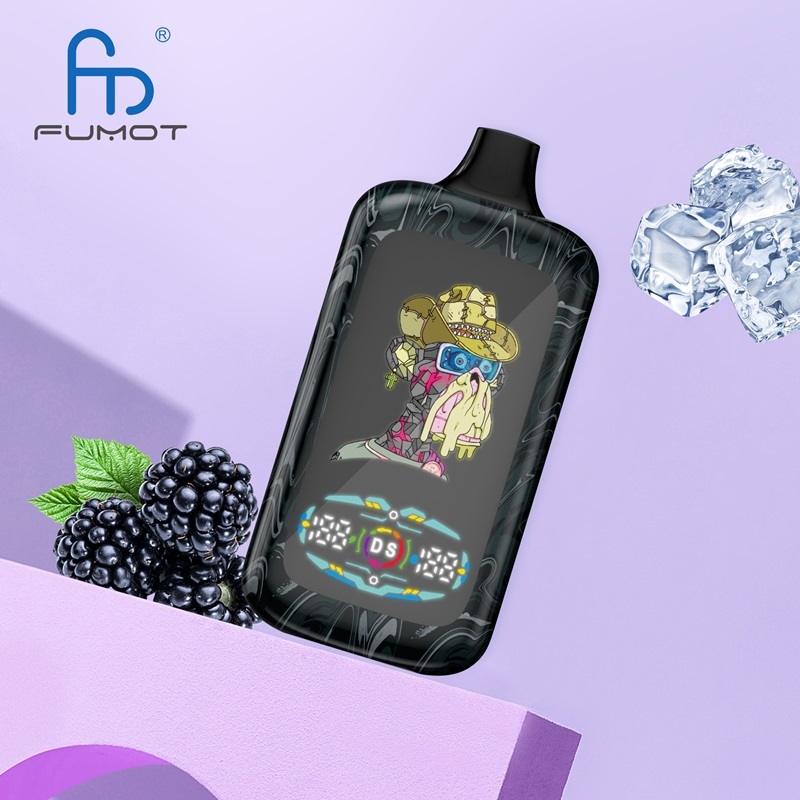 A blackberry vape featuring a cartoon monkey, with a real blackberry beside it, highlighting the black ice flavor.